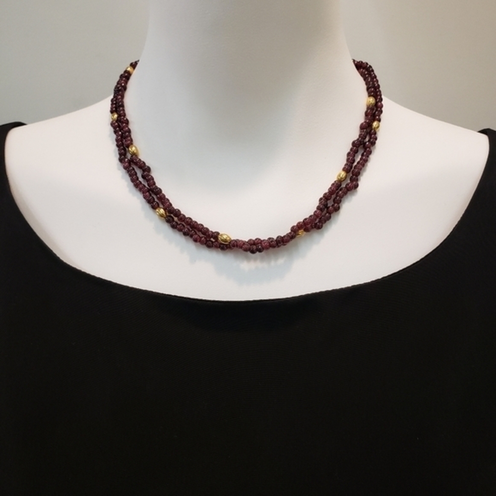 VINTAGE Natural Red Garnet Double Strand Necklace Filigree Clasp